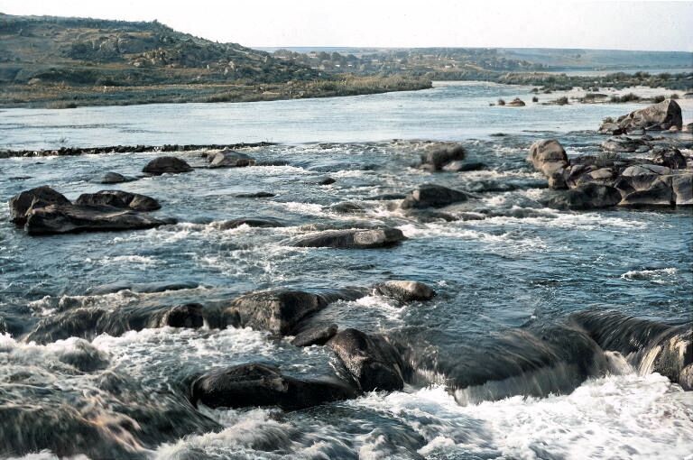 Один из днепровских порогов (старая ч/б фотография раскрашена нейросетью)