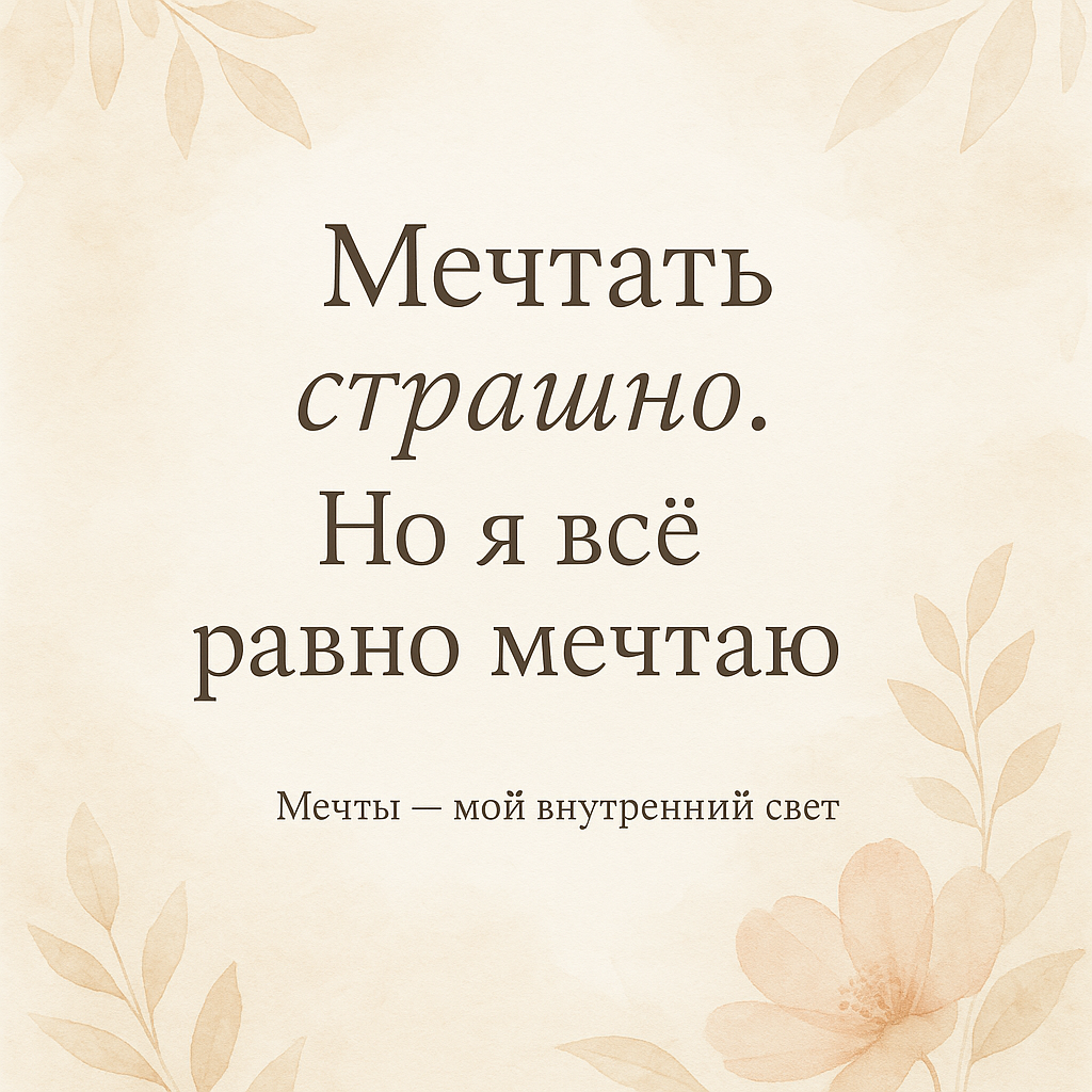 Мечтать страшно. Но я всё равно мечтаю

Иногда мечты приходят тихо.
Вдруг, в середине дня — ты просто представляешь, как всё могло бы быть.
И в сердце щемит.

А потом подкрадывается страх.
«Вдруг не получится? Вдруг это не для меня? Вдруг я слишком…»
Слишком взрослая. Слишком занятая. Слишком уставшая.

И я уже почти отпускаю мечту. Почти говорю себе: «Живи, как все».
Но внутри — она всё равно тлеет.
И я знаю: мечтать — это не слабость. Это смелость.

Мечтать — значит верить, что можно иначе.
Что я достойна большего. Что моя жизнь может быть не только о долге и выживании.
А о радости. О вдохновении. О себе.

Да, мне страшно. Но я всё равно мечтаю.
Пусть по чуть-чуть. Пусть несмело.
Но с каждым днём — всё свободнее.

Мечты — мой внутренний свет.
И я не позволю ему погаснуть.
