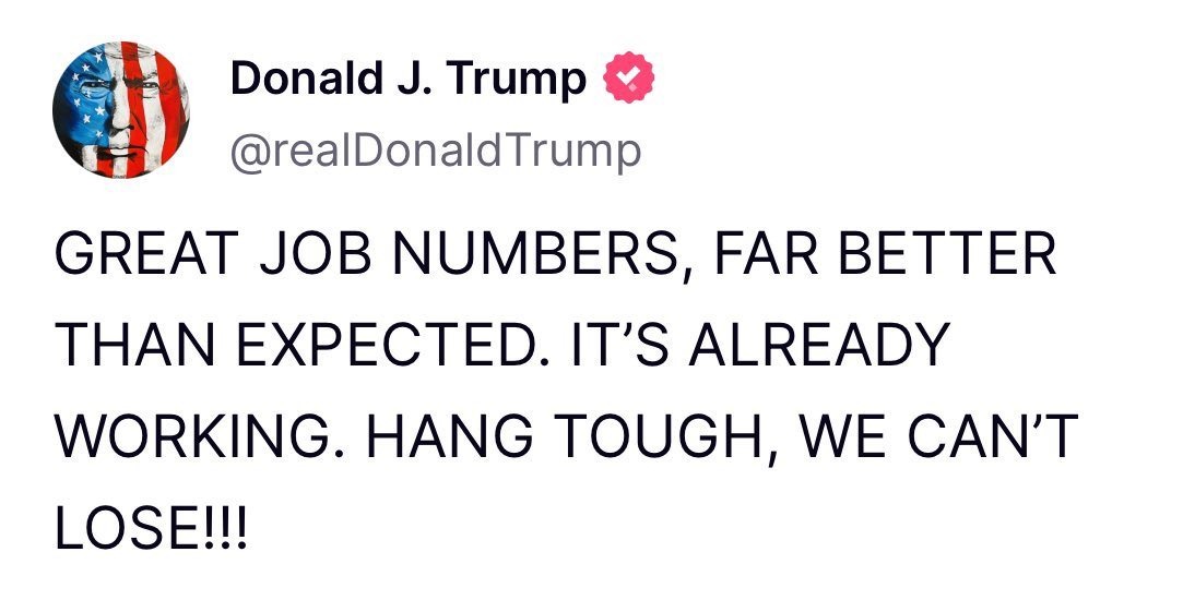 «Сейчас лучшее время становиться богатым, богатым как никогда раньше. Отличные данные. Всё уже работает. Держимся крепко. Мы не проиграем. Моя политика никогда не изменится», — сказал Трамп.