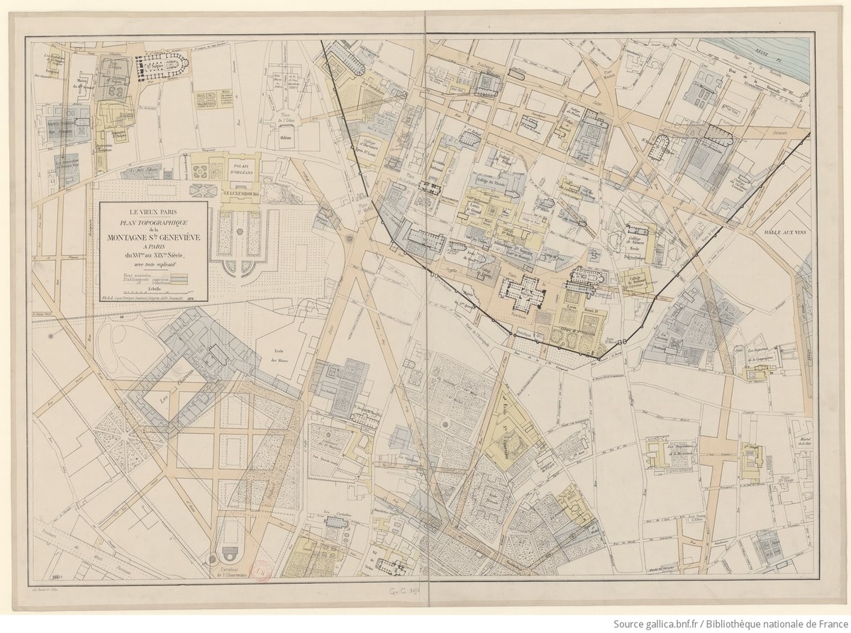  Le vieux Paris. Plan topographique de la montagne Ste-Geneviève à Paris du XVIe au XIXe siècle avec texte explicatif. P. L. S. J. (le Père Lauras) / d'après Verniquet ; Gomboust ; Delagrive ; Jaillot ; Bonnardot, 1874 © Bibliothèque nationale de France