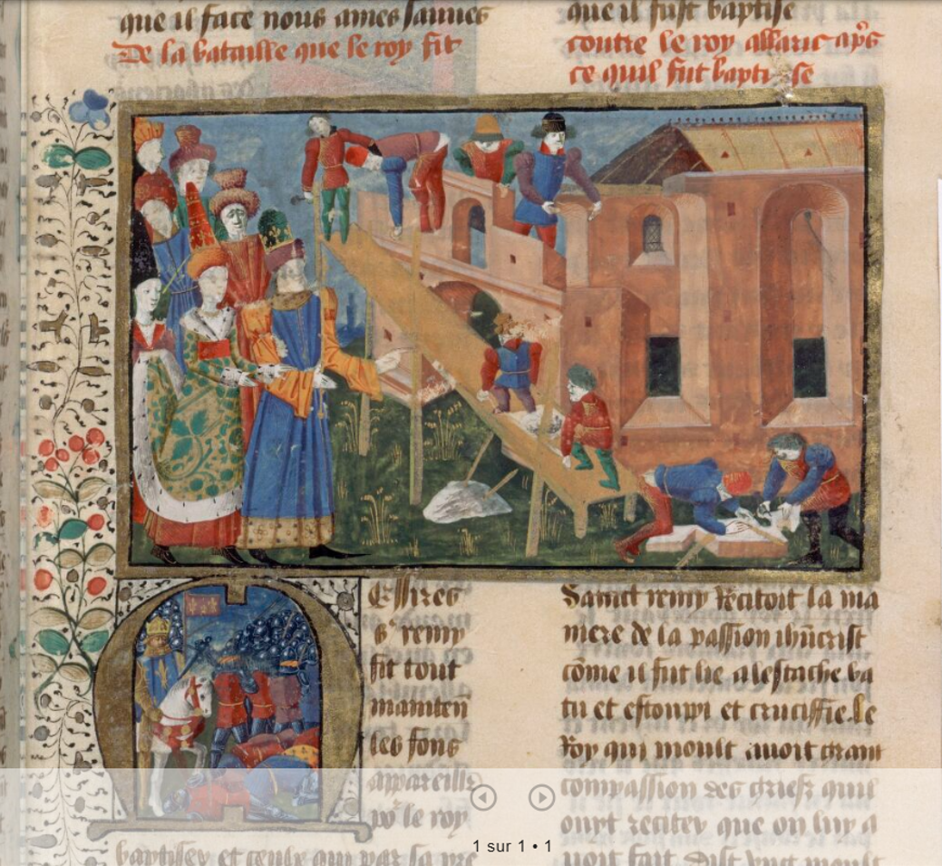 Строительство церкви Сен-Женевьев. Grandes Chroniques de France. Français 2610.  Artiste non identifié. XVe siècle (3e quart) © Bibliothèque nationale de France