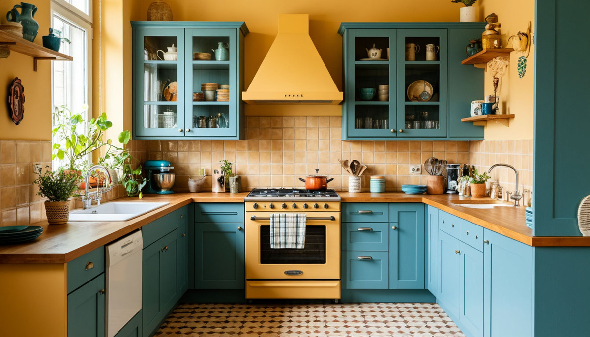 Охра сочетается приглушенными синими оттенками