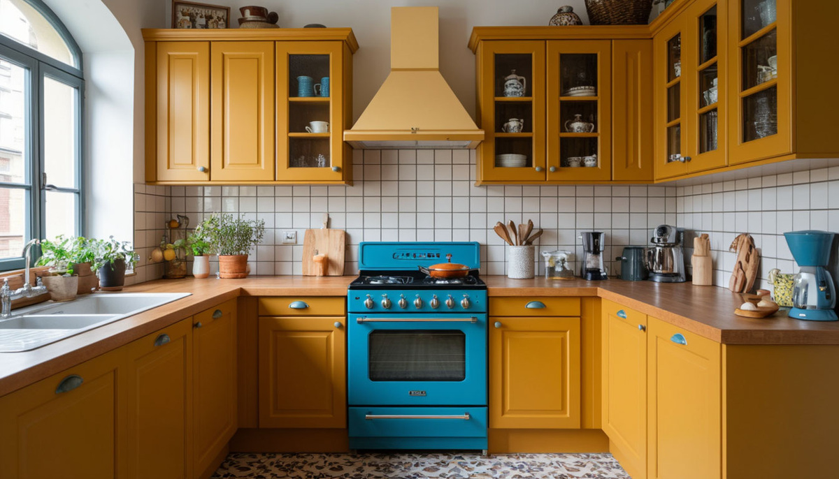 Охра сочетается приглушенными синими оттенками