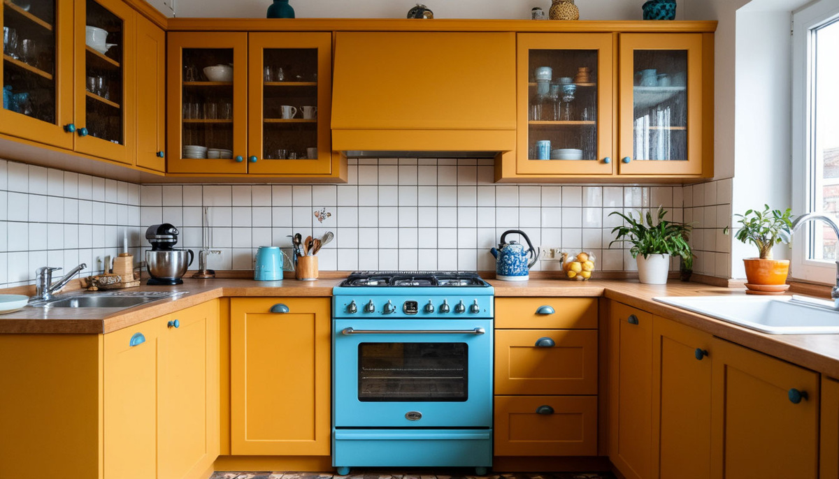 Охра сочетается приглушенными синими оттенками