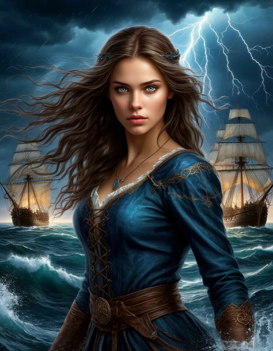 Волшебница с острова гроз. Гиперреализм. фэнтэзи, эстетично, шедеврально, обложка книги, Российский автор и книга. Волшебница юная, сказочно красивая. Корабли на море и грозы.