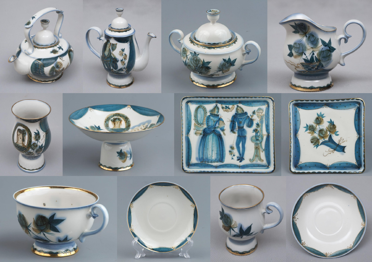 Коллаж из фото предметов сервиза чайно-кофейного "Театральный". 1982. Фарфор, роспись, золочение. Автор фасона Чуракова О.Н., автор росписи Андреева (Шишкова) М.В. 
Федеральное государственное бюджетное учреждение культуры "Новгородский государственный объединенный музей-заповедник".