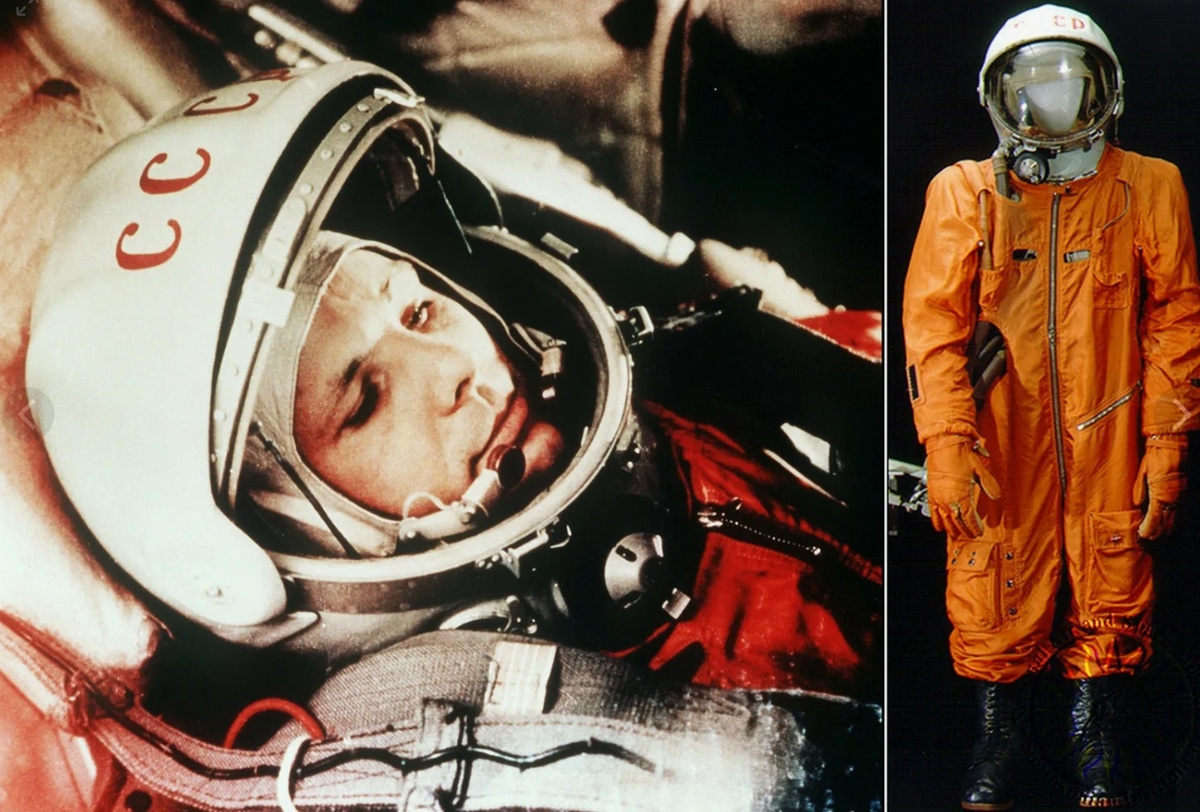 Юрий Гагарин во время подготовки к полёту и его космический скафандр