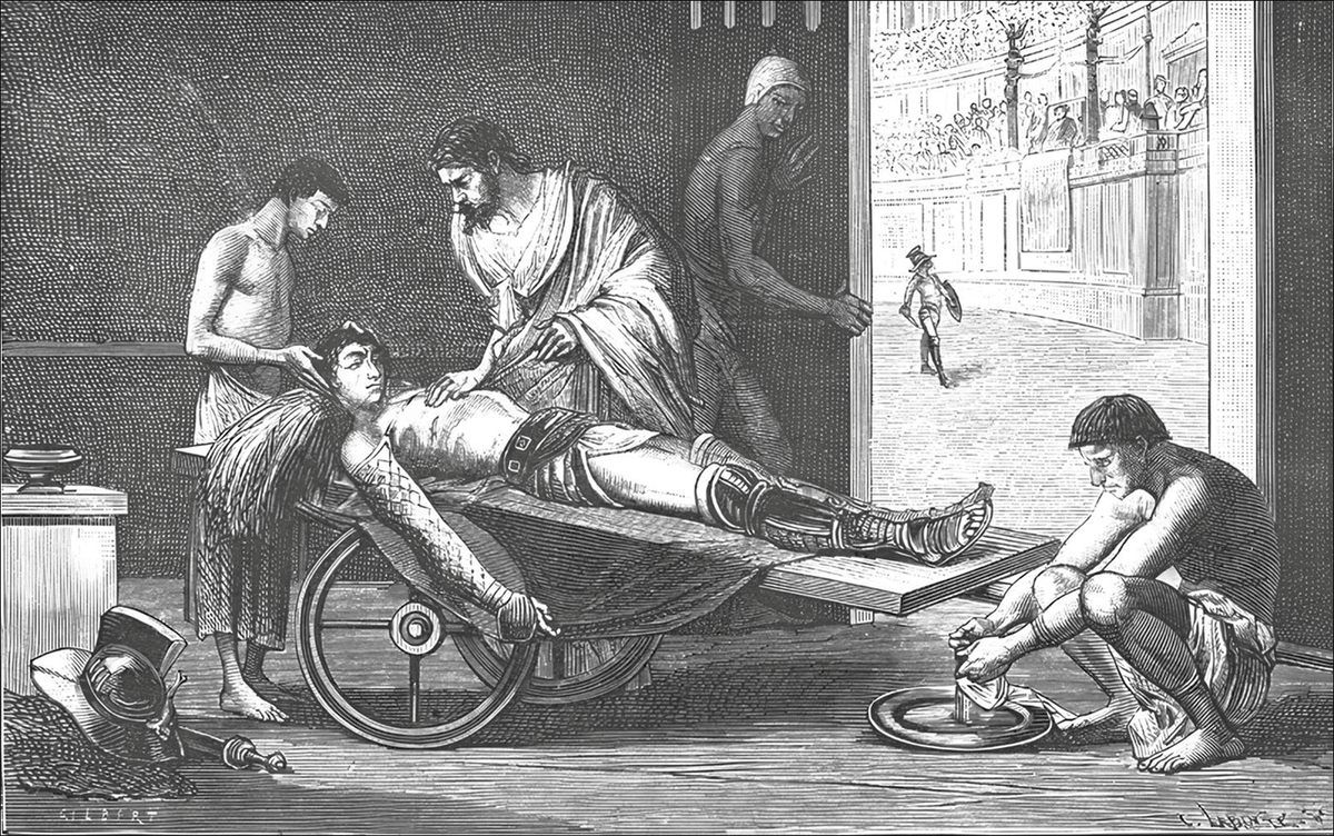 Гален осматривает раненого гладиатора. Иллюстрация XIX века