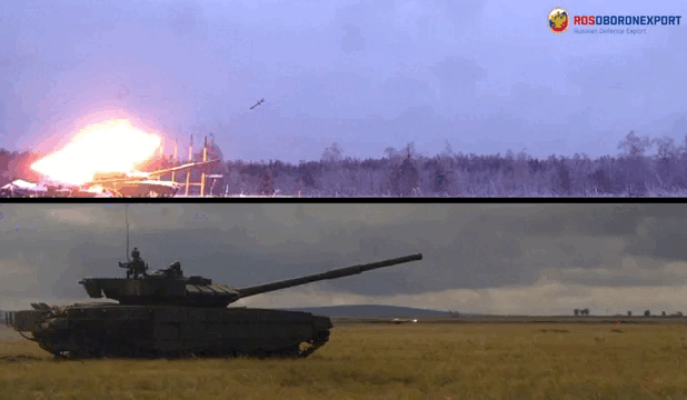 Перехват снаряда системой КАЗ "Арена-М", вариант перехвата верхней проекции на видео вверху (GIF).