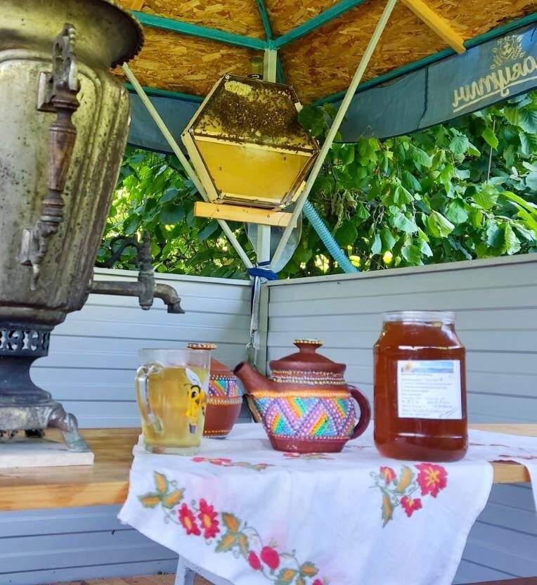 В беседке находится наблюдательный улей с пчелами( на зиму заношу в дом), так же есть настоящий дореволюционный самовар на дровах.