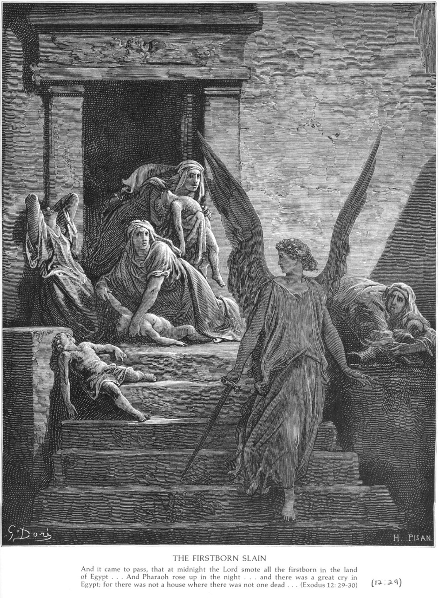 Гюстав Доре. Убийство египетских первенцев ангелами. 1866 год. Гравюра. "В полночь Господь поразил всех первенцев в земле Египетской, от первенца фараона, сидевшего на престоле своем, до первенца узника, находившегося в темнице, и все первородное из скота" (Исх.12: 29) © фото с azbuka.ru/art.