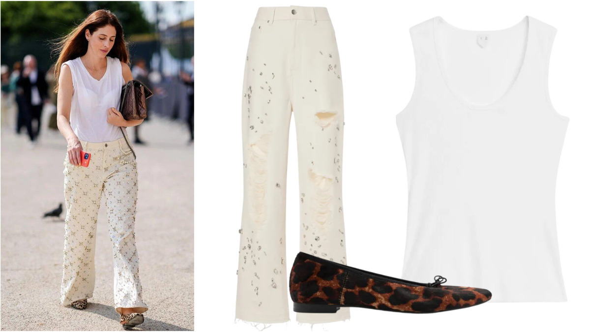 Белые широкие джинсы со стразами + леопардовые балетки