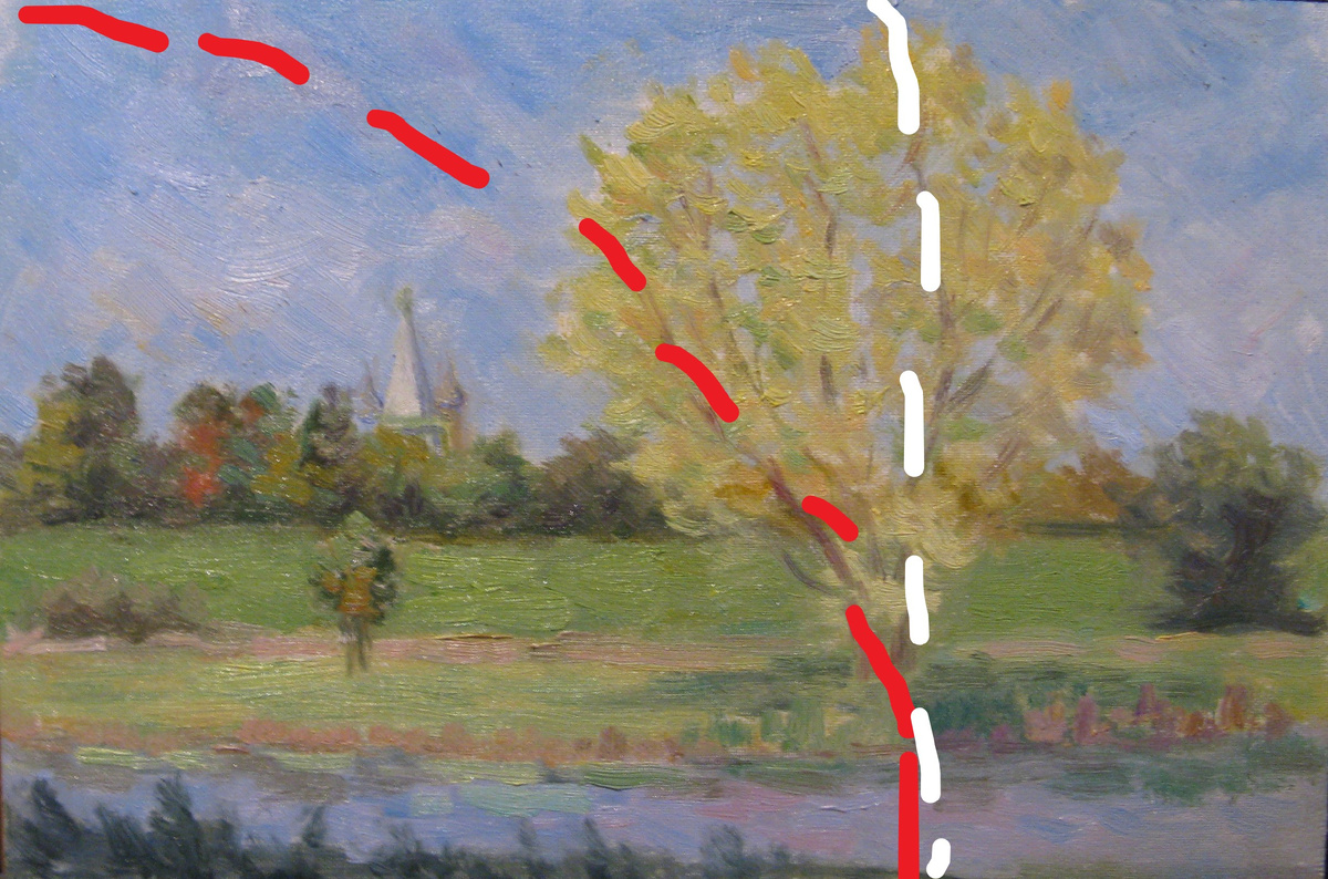 Откладываем меньшую сторону на большей, при этом большая сторона разделилась на два отрезка, на их стыке и есть вертикаль нашего золотого сечения, на котором я расположила дерево.