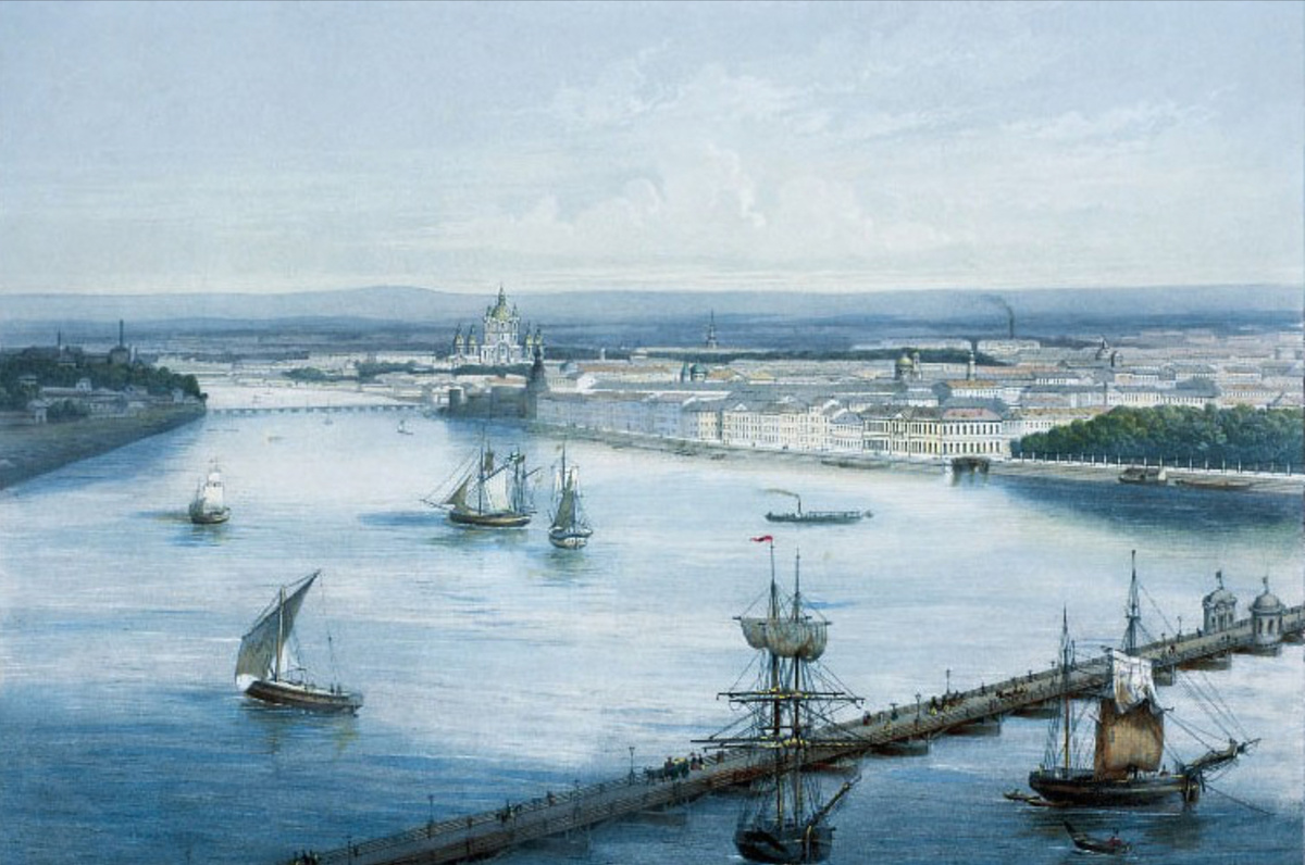 Ш.-К. Башелье по оригиналу Дж.-Р. Бернардацци. 1853 год. Литография, цветная акварель. Эскиз с натуры для панорамы сделан из окна колокольни собора Апостолов Петра и Павла. Внизу — Троицкий наплавной мост, вдали — Литейный двор и Воскресенский наплавной мост (почти на том месте где нынешний Литейный мост). Фото с просторов интернета