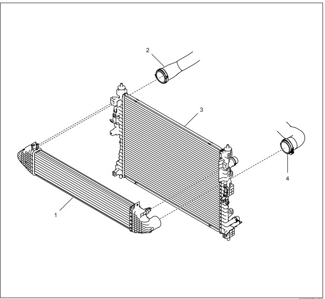 1. Интеркулер
2. Впускной патрубок интеркулера
3. Радиатор
4. Выпускной патрубок