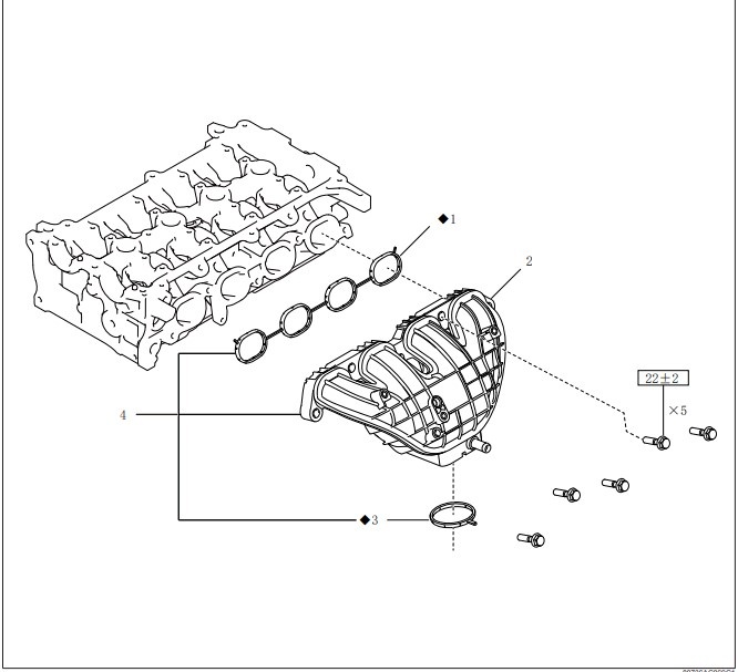 1. Уплотнительная прокладка впускного коллектора
2. Компоненты впускного коллектора
3. Уплотнительная прокладка блока дроссельной заслонки
4. Впускной коллектор в сборе
