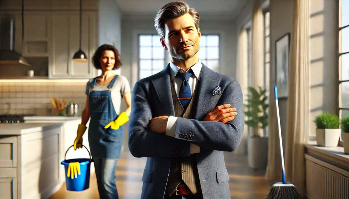 Мужчина-нарцисс в дорогом костюме самодовольно стоит на кухне, женщина с уборкой смотрит на него
