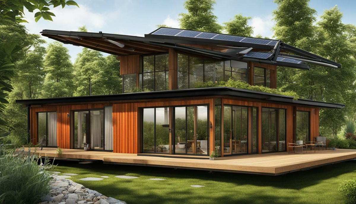 современное здание с солнечными панелями и зелеными насаждениями