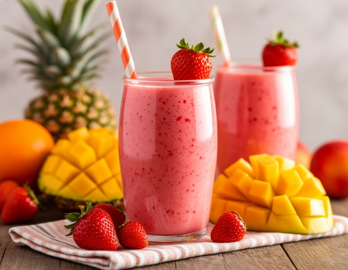 Тропический смузи из манго, клубники и ананасового сока