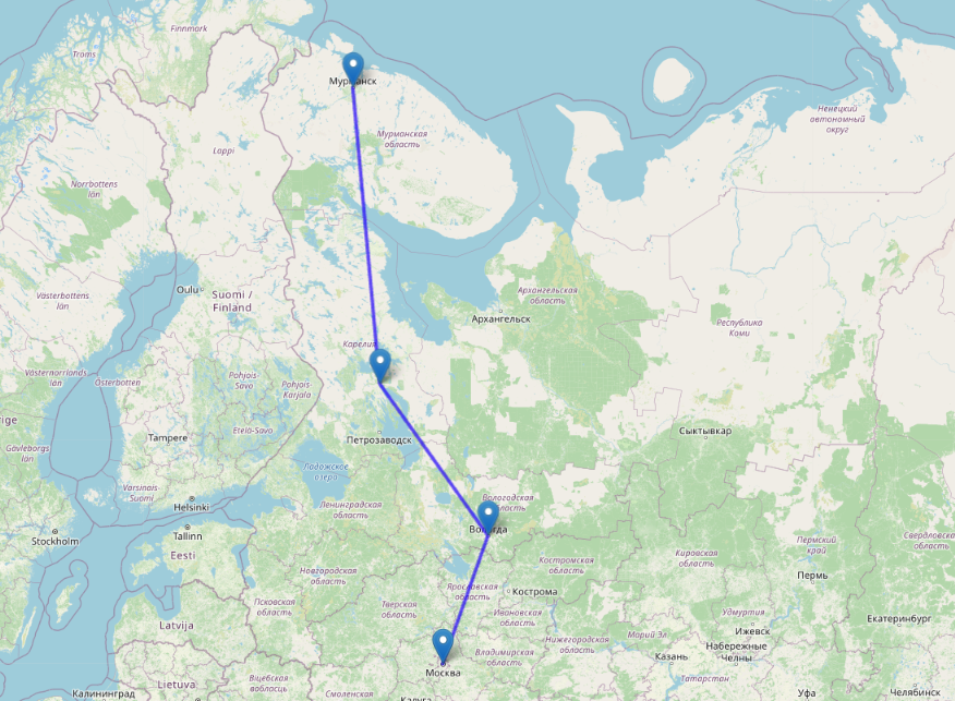 Дорога: Москва — Вологда — Медвежьегорск — Мурманск