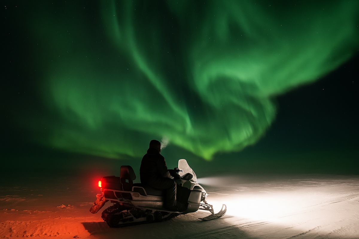 Ты не следуешь за сиянием. Ты в нём. Снегоход замирает, и мир больше не движется.