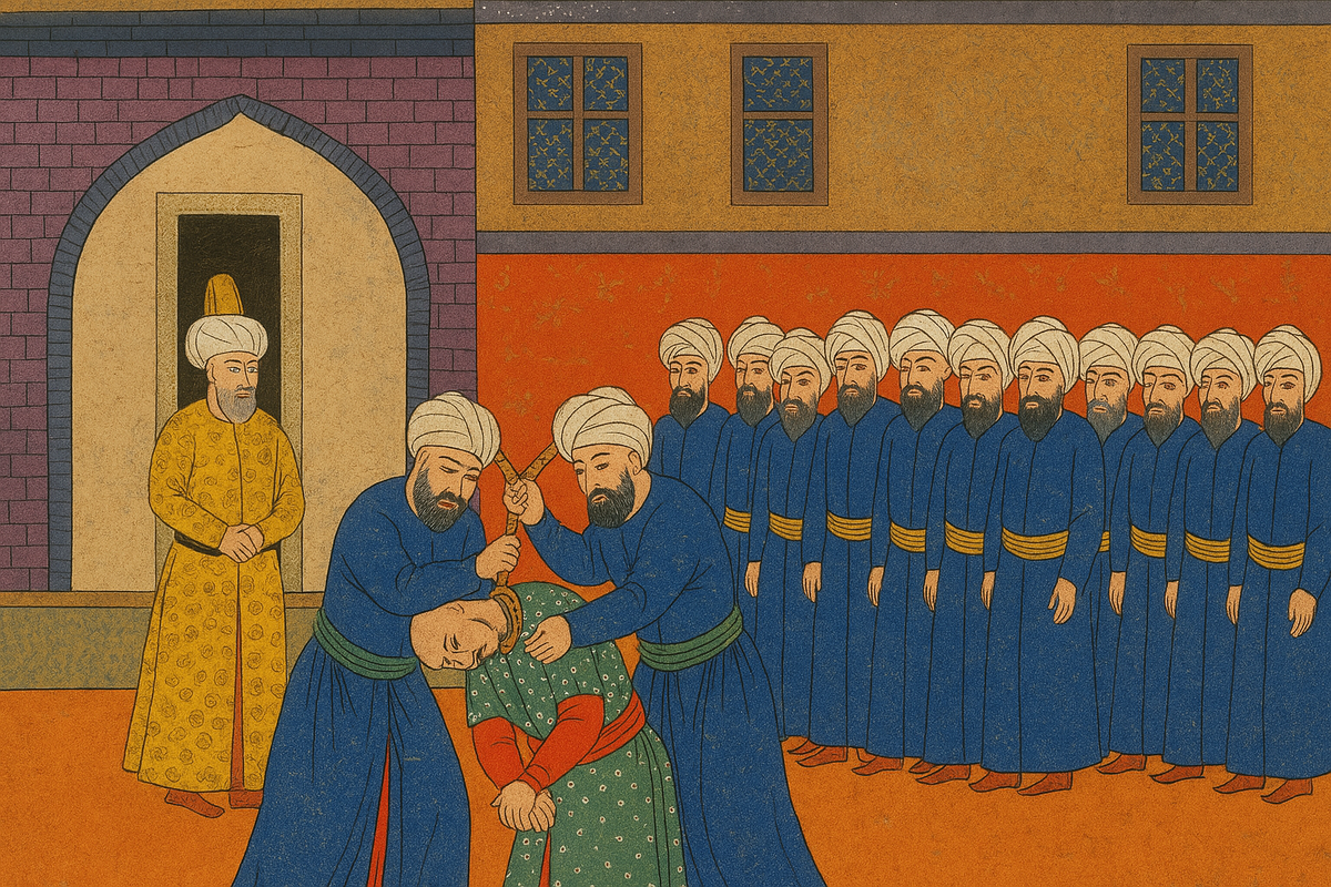 Османская миниатюра с изображением дворцового ритуала казни.