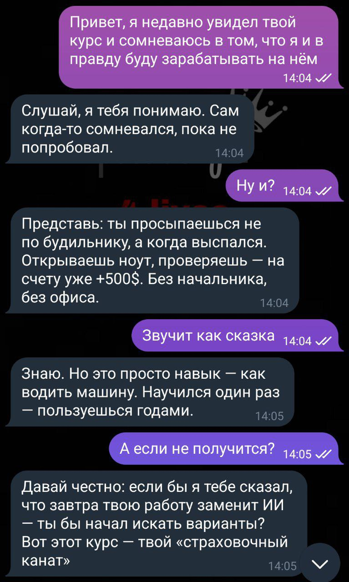 Скриншот переписки с тем самым инфоцыганом 