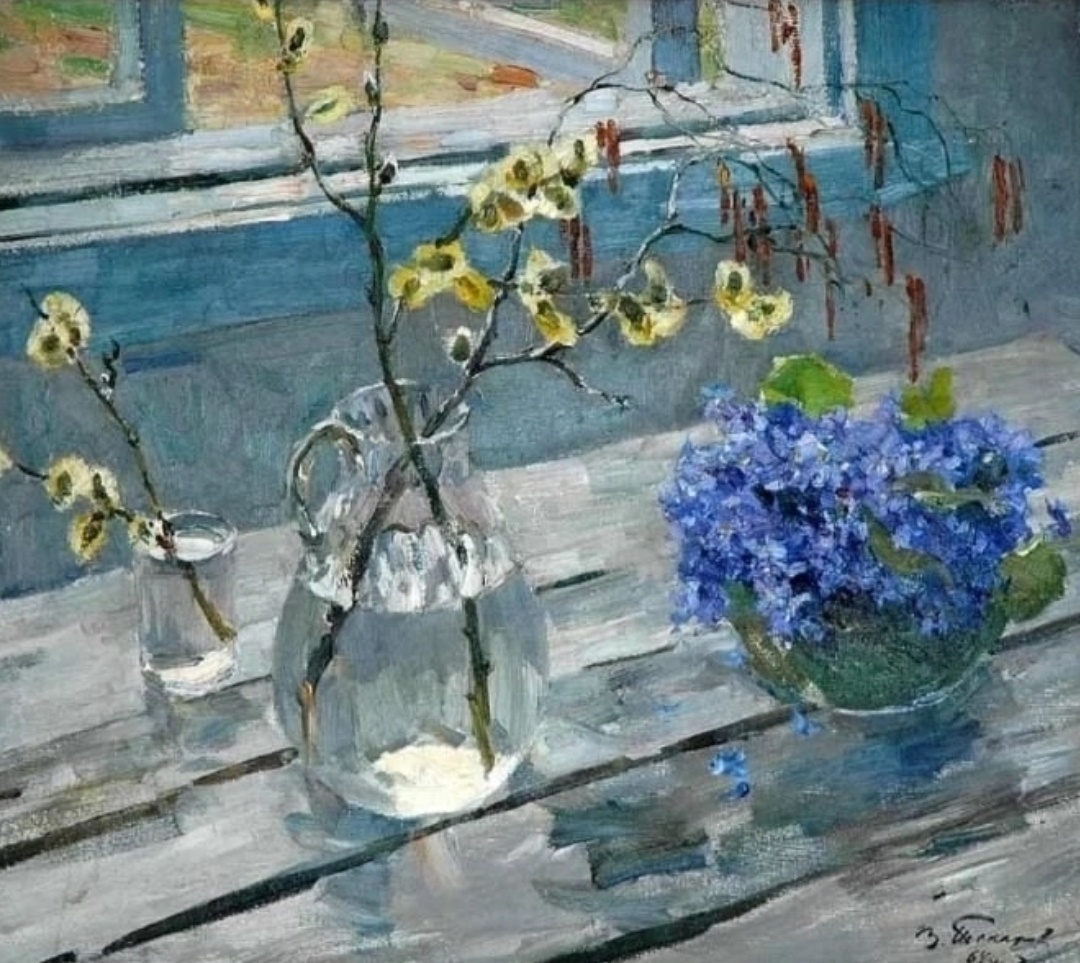 Весенние цветы, 1964 год, картон, масло, Художник Токарев Владимир Федорович. Калининградский областной музей изобразительных искусств.