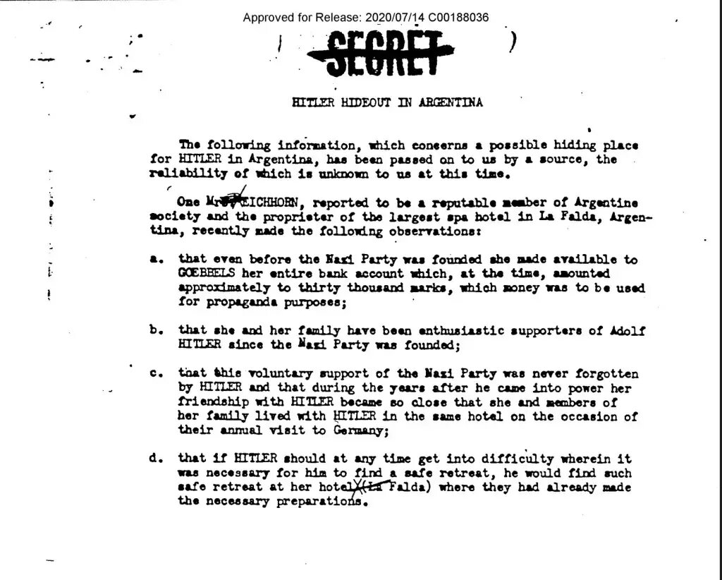 Рассекреченное досье за октябрь 1945 года показывает, что агенты Военного министерства США сообщили ФБР о возможном секретном убежище в спа-отеле в Ла-Фальде, Аргентина, которым Гитлер, возможно, пользовался, если бы выжил. Фото: ЦРУ