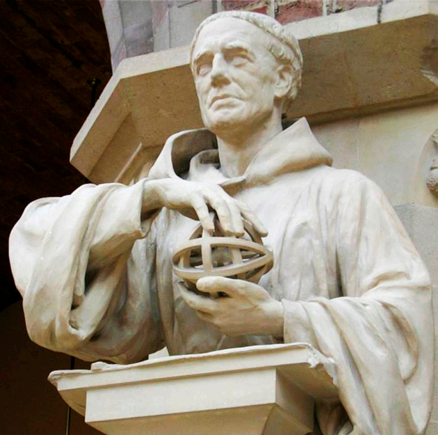 Ро́джер Бэкон (около 1214 — 1292), Оксфорд, Англия) 
— английский философ и естествоиспытатель, монах-
францисканец, профессор богословия в Оксфорде. 
Занимался математикой, химией и физикой; в оптике 
разработал новые теории об увеличительных стёклах, 
преломлении лучей, перспективе, величине видимых 
предметов и другие. Фото: скульптура Бэкона в Оксфорде.