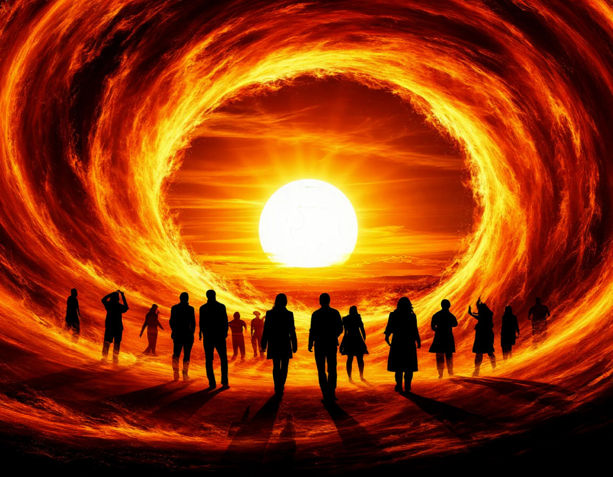 Абстрактное изображение солнца, восходящего на западе, с силуэтами людей в огненном вихре.