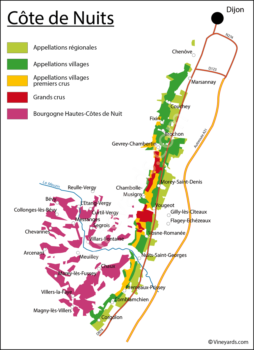 Винодельческая карта субрегиона Côte de Nuits / Кот-де-Нюи. Бургундия, Франция