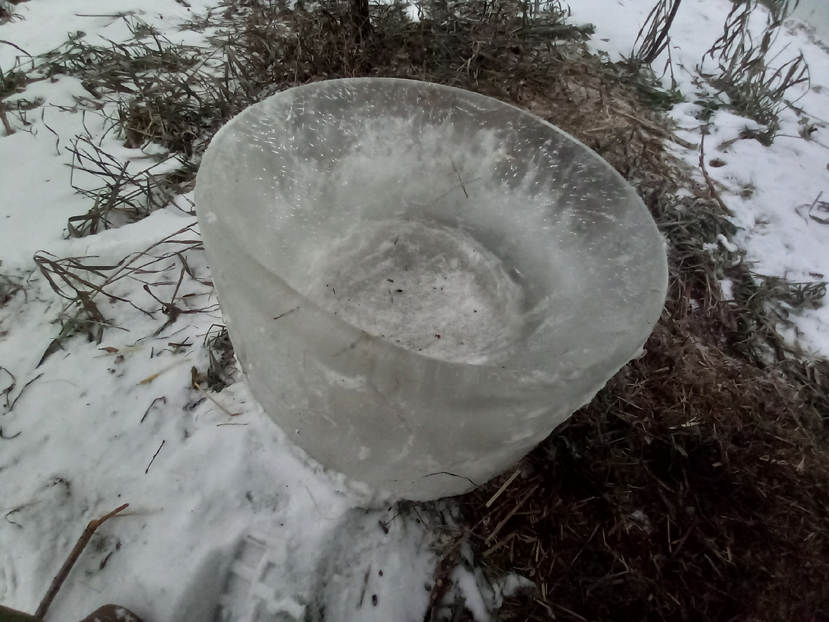 Эта удивительно красивая ледяная ваза - не специально созданный арт-объект. Такие намерзали у нас в тазах с водой, находящихся в "теплых домиках" (как эти постройки называли журналисты и спонсор проекта) для зимовки аистов. 