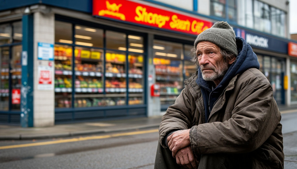 Бездомный у магазина
