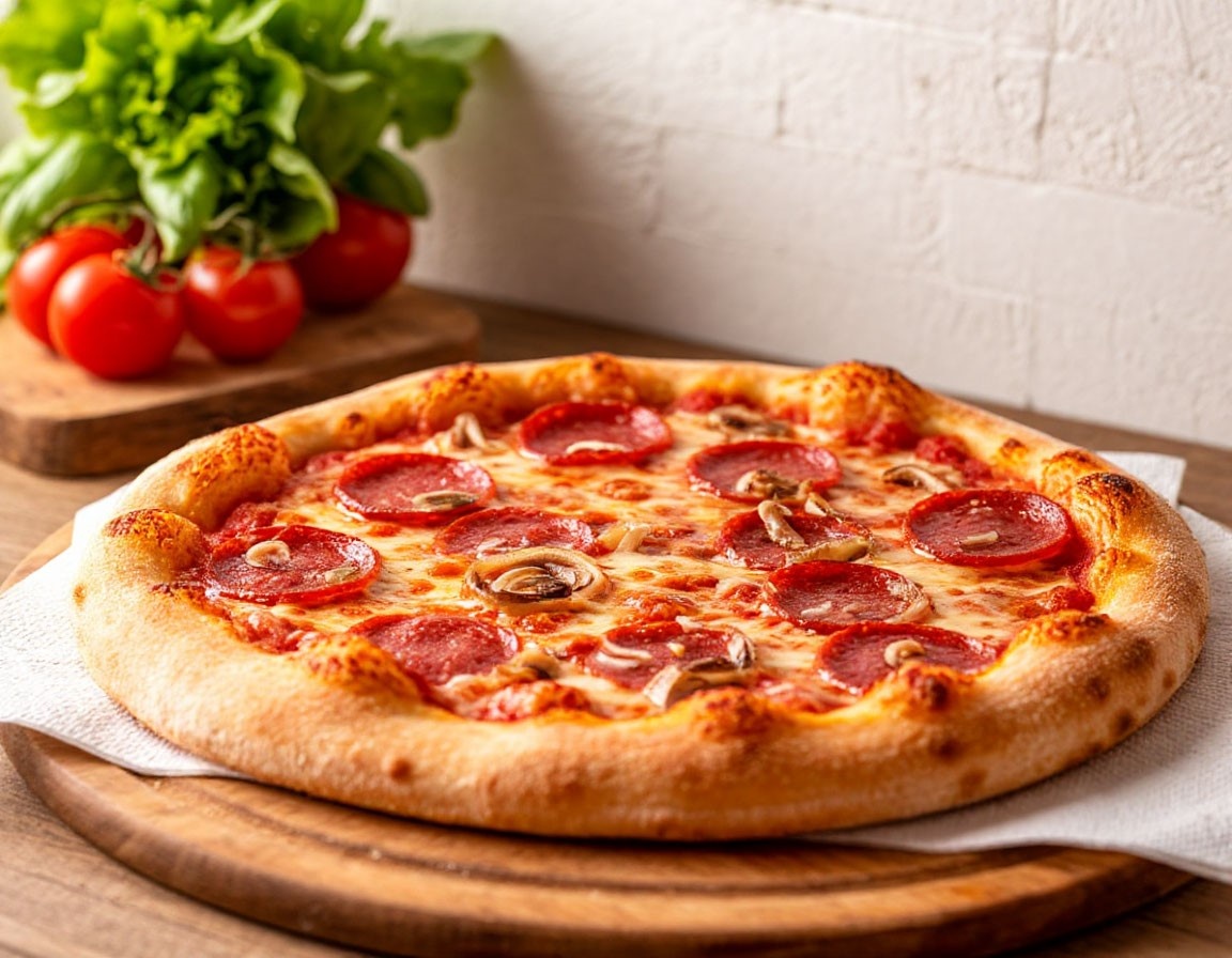 Пицца с пеперони и луком
