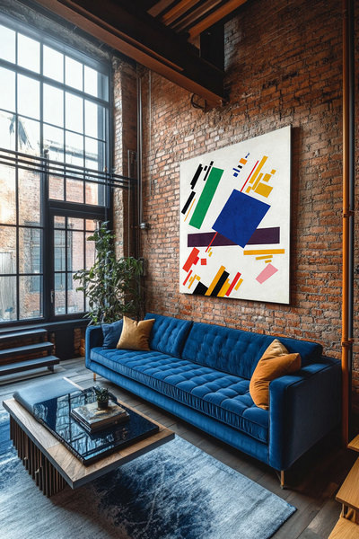 К. Малевич, Суперматическая композиция (1916) в интерьере гостиной в стиле лофт