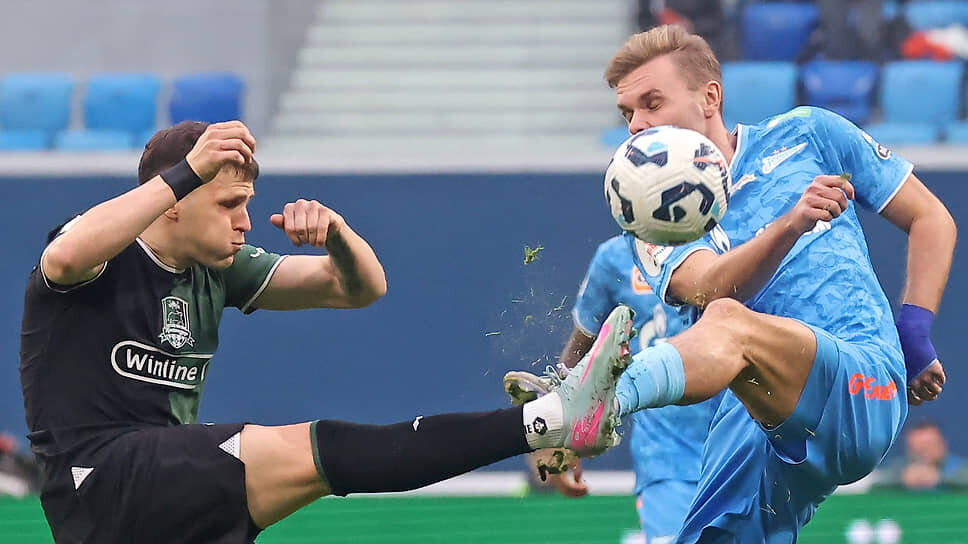 Игрок команды «Краснодар» Джованни Гонсалес (слева) и игрок команды «Зенит» Максим Глушенков (справа).📷Фото: Валентина Певцова / Коммерсантъ