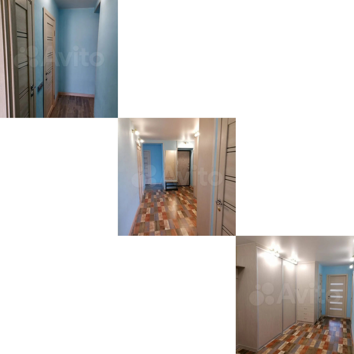 Это коридор со шкафом-купе, изготовленным под заказ. На стенах стеклообои, при наклейке которых чуть не развелись 🤣 На полу уложен керамогранит.