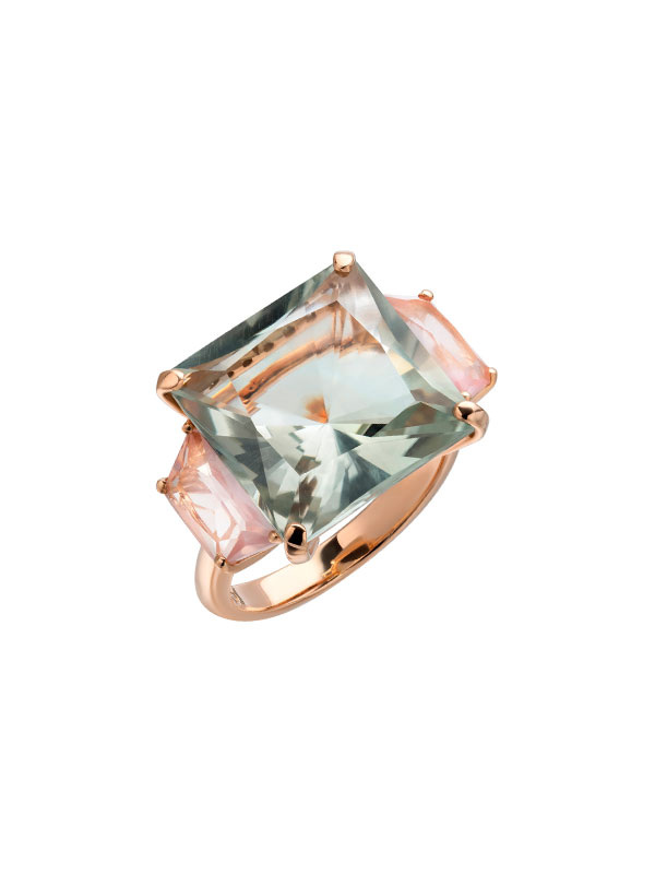 Кольцо Casato Acqua из розового золота с зеленым празиолитом, розовым кварцем