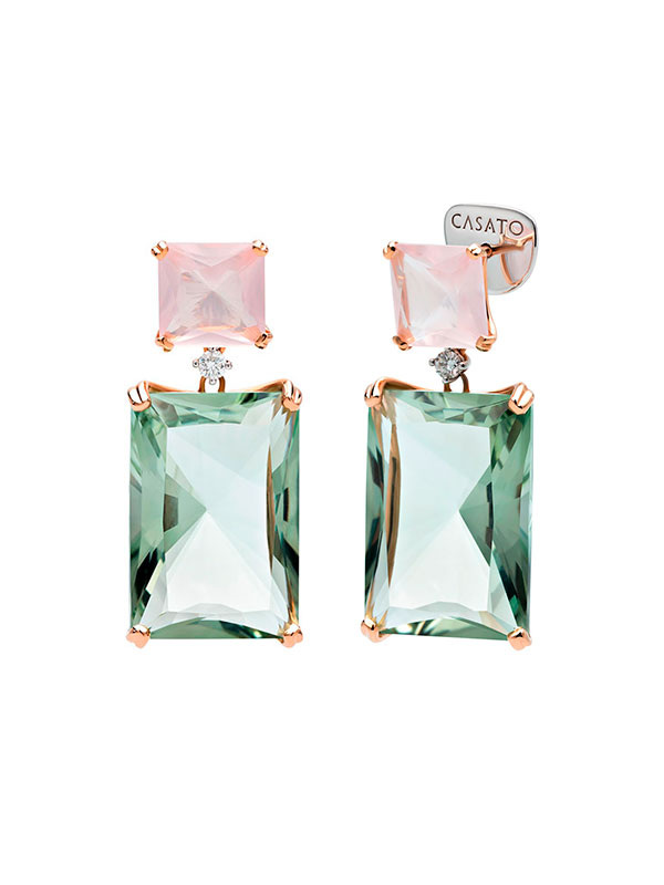 Серьги Casato Acqua из белого и розового золота с бриллиантами, розовым кварцем и зеленым празиолитом