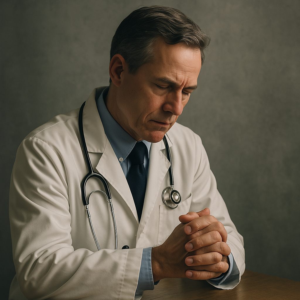 На фотографии изображён врач, стоящий в мягком рассеянном свете. Его лицо спокойно, взгляд устремлён внутрь, вглубь себя, как будто он слушает тишину. Руки врача не держат ни инструментов, ни бумаг — они раскрыты, как у того, кто готов принимать, а не приказывать. Вокруг него — чистое, светлое пространство без отвлекающих деталей, как знак того, что он свободен от шаблонов и программ. Его образ не несёт давления, не несёт диагноза — он несёт присутствие. Это не просто врач, это образ Настоящего Врача Духа — того, кто исцеляет, пребывая в Духе и  Истине.