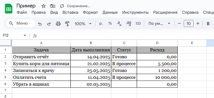 Начальная таблица