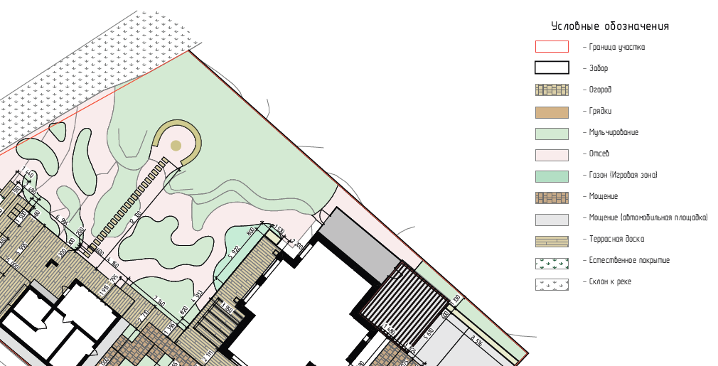 Розовая часть - это дорожки с отсыпкой гравием