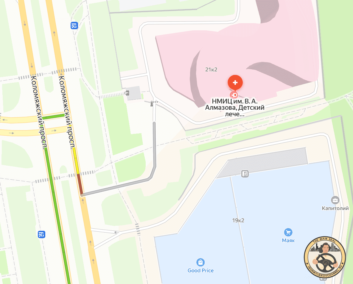 Вот так строит маршрут навигатор Яндекса при поездке из НМИЦ Алмазова на Коломяжском в сторону центра Санкт Петербурга