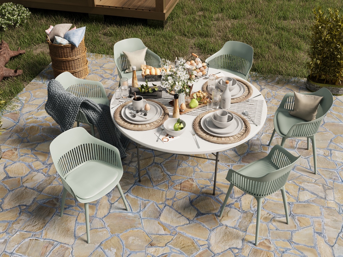 Стул Crocus с подушкой, пластик серо-зеленый, Стол складной круглый Кейт 150,