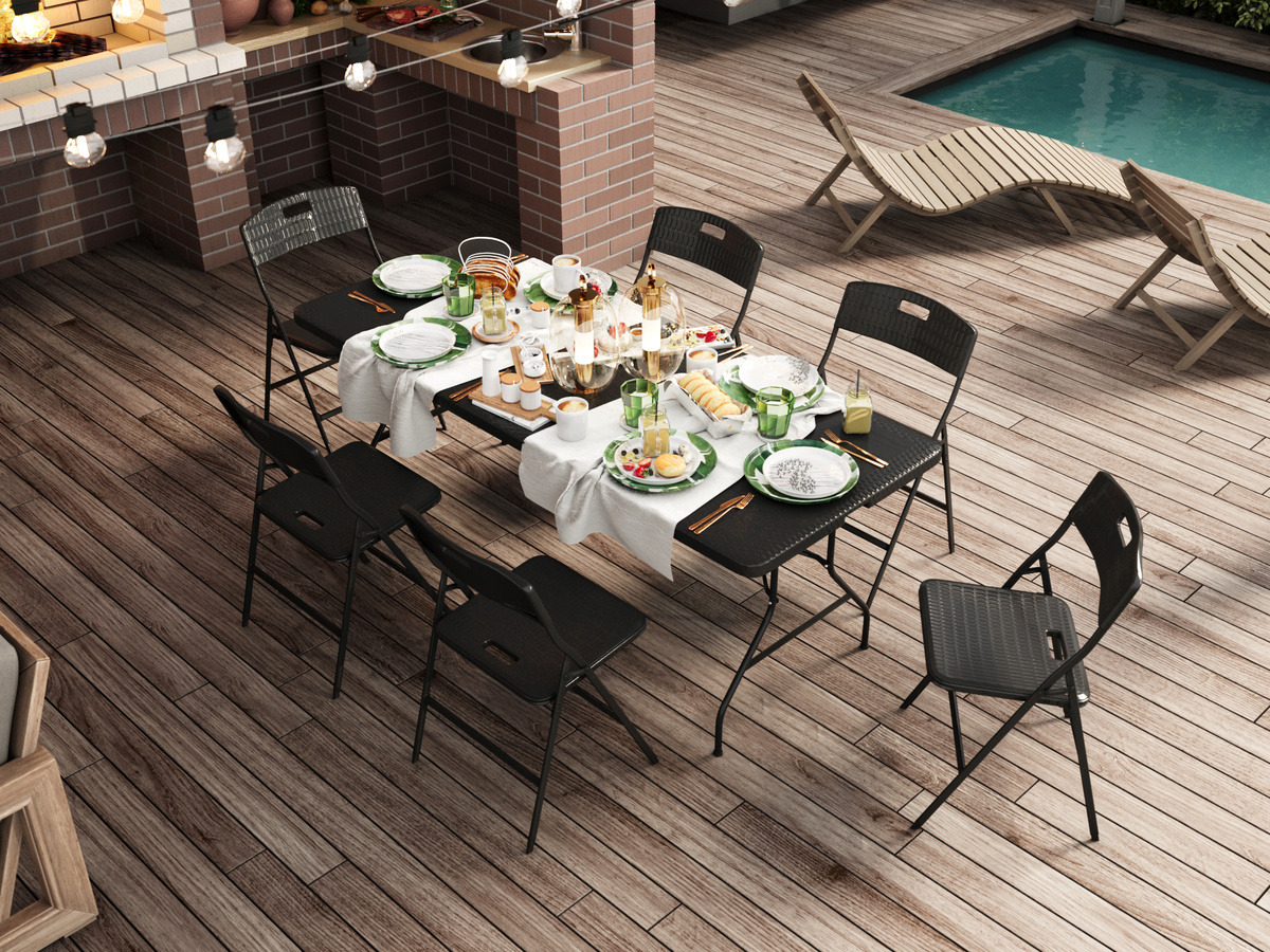 Фото интерьера: Большой стол Кейт раскладной за ним сможет разместиться компания до 14 человек к нему подойдут стулья складные SUPER LITE или можно выбрать складную скамеку Кейт на ней может разместиться 4 - 5 человека.