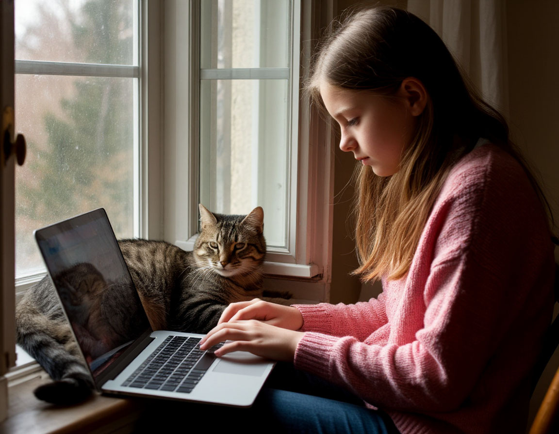 Фотореалистичное изображение девушки, сидящей у окна с ноутбуком, рядом спит кот