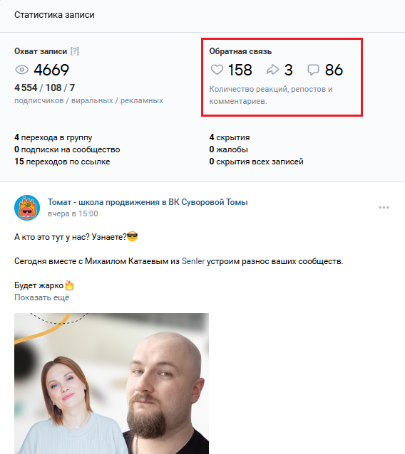 Лайки, репосты и комментарии в статистике публикации во ВКонтакте.