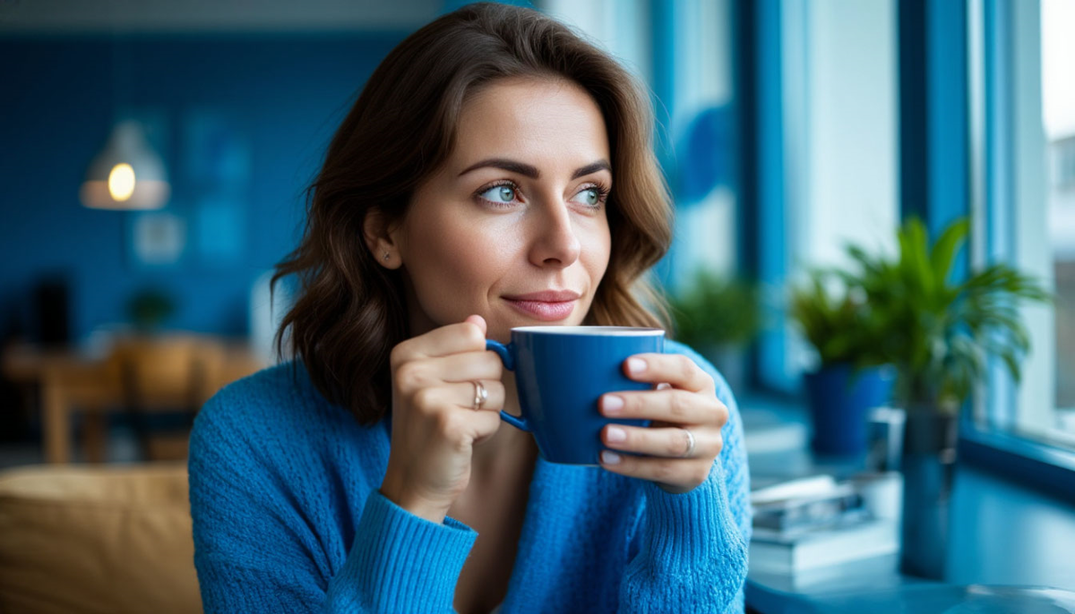 Женщина пьет кофе у окна