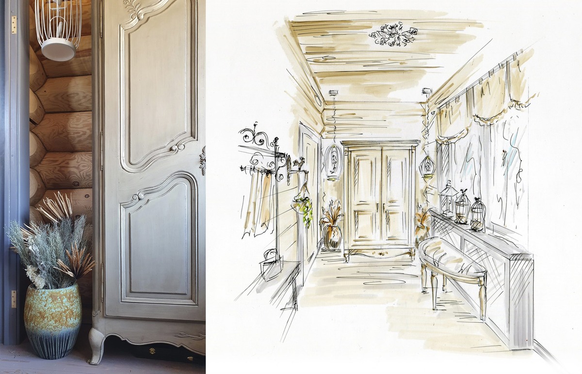 Платяной двустворчатый шкаф оливкового цвета чудесно вписался в интерьер прихожей в стиле прованс